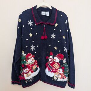 VINTAGE Carolina Colors Christmas Cardigan snowmen and stars on navy blue EUC L